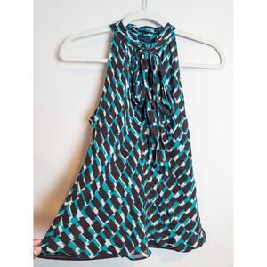 Vintage Y2K Banana Republic 100% Silk Printed Tie Neck Sleeveless Blouse